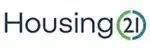 The image shows the logo for Housing 21, a UK-based organization. The word "Housing" is followed by the number "21" encircled by a partially open green ring on the right side. The text is dark blue, and the overall design is clean and modern.