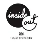 The image features the words "inside out" in a playful script. "Inside" is in a black circle, and "out" is adjacent in a partially overlapping smaller white circle. Below, there's the logo for the "City of Westminster" along with a crest.